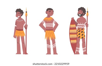 Barefoot African Aboriginal Man Character with Spear Dressed in Traditional Tribal Clothing Vector Set