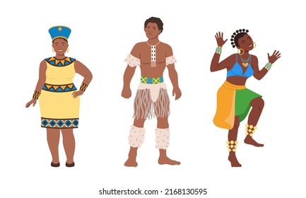 Barefoot African Aboriginal Man and Woman Character Dressed in Traditional Tribal Clothing Vector Illustration Set