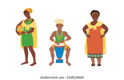 Barefoot African Aboriginal Man and Woman Character Dressed in Traditional Tribal Clothing with Drum and Carrying Vase Vector Illustration Set