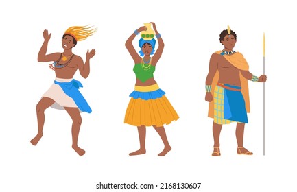 Barefoot African Aboriginal Man and Woman Character Dressed in Traditional Tribal Clothing with Spear and Carrying Vase Vector Illustration Set