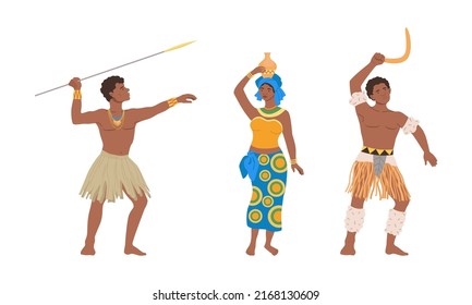 Barefoot African Aboriginal Man and Woman Character Dressed in Traditional Tribal Clothing with Spear and Carrying Vase Vector Illustration Set