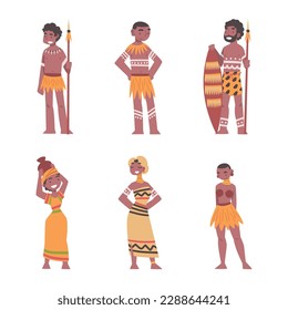 Barefoot African Aboriginal Man and Woman Character Dressed in Traditional Tribal Clothing with Vase and Spear Vector Set