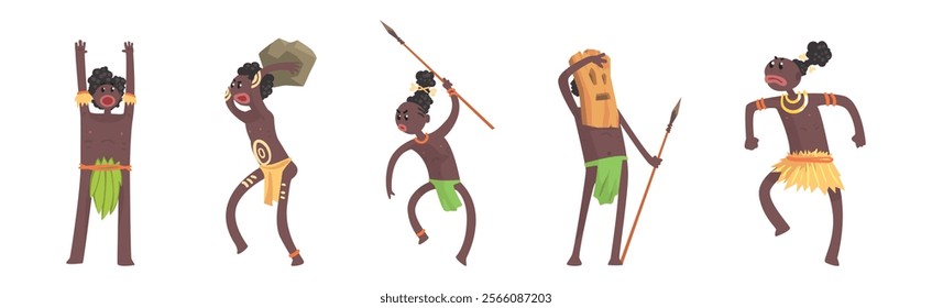 Barefoot African Aboriginal People Character Dressed in Traditional Tribal Clothing Vector Set