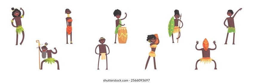 Barefoot African Aboriginal People Character Dressed in Traditional Tribal Clothing Vector Set