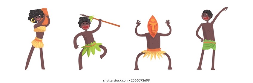 Barefoot African Aboriginal People Character Dressed in Traditional Tribal Clothing Vector Set