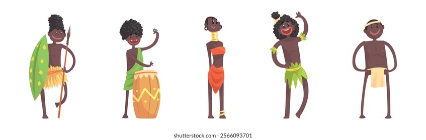 Barefoot African Aboriginal People Character Dressed in Traditional Tribal Clothing Vector Set