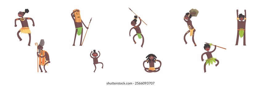 Barefoot African Aboriginal People Character Dressed in Traditional Tribal Clothing Vector Set