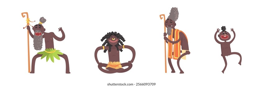 Barefoot African Aboriginal People Character Dressed in Traditional Tribal Clothing Vector Set