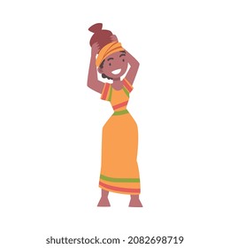 Barefoot African Aboriginal Woman Character Dressed in Traditional Tribal Clothing Carrying Vase on Her Head Vector Illustration