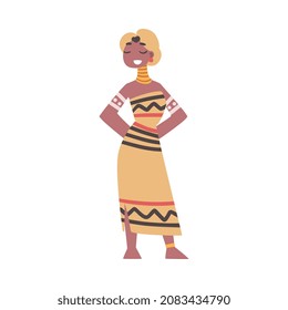 Barefoot African Aboriginal Woman Character Dressed in Traditional Tribal Clothing Vector Illustration