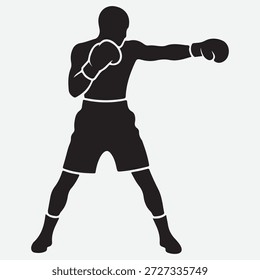 Boxeador descalzo lanza un golpe con un puño enguantado contra el fondo blanco Silueta de boxeador