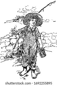 The Barefoot Boy, this scene shows a barefoot boy is walking on road and holding stick and bucket in his hands, vintage line drawing or engraving illustration