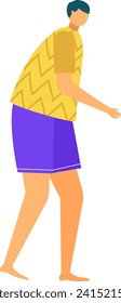 Barefoot cartoon man in yellow shirt and purple shorts walking. Casual male character taking a stroll. Relaxed walk, leisure time vector illustration.