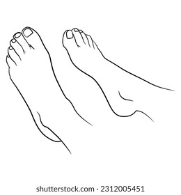 Barefoot feet of a lying woman. Pedicure toenail template. Black and white linear silhouette.