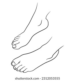 Barefoot female feet. Cartoon style. Black and white linear silhouette.