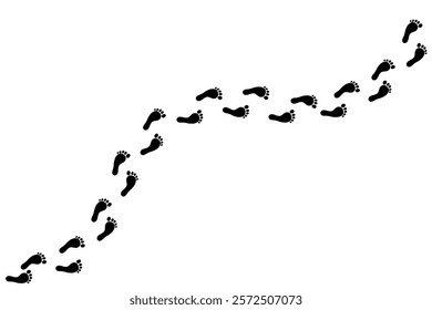 The barefoot footprint trail of human, footprints tracking path, long chain of human traces on transparent background. EPS10