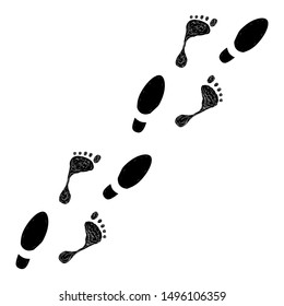 Barefoot Footprints with the Soles of Shoes. Way to Home. Black and White Poster Print Isolated on White Background. Vector Illustration