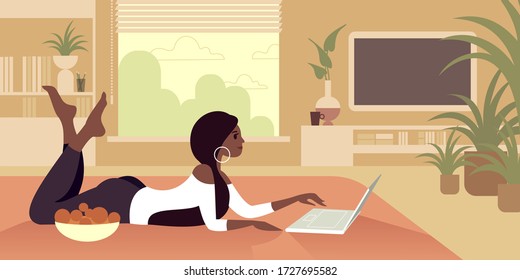 Barefoot girl lies on the floor with a laptop and a bowl of fruit. Flat design vector illustration.