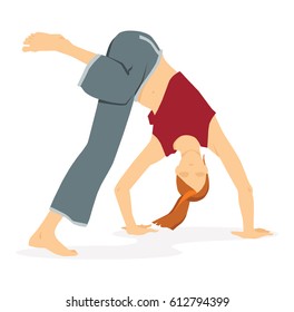 The barefoot girl performs a complex of capoeira movements: a chair. Isolated on white background