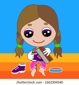 barefoot girl with pigtails sits on a stool, holds a brush in his hand and cleans a shoe, color vector simple illustration on isolated background