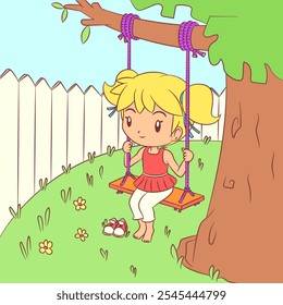 Barefoot girl playing on the swing