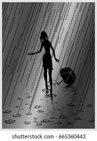 Barefoot girl under a summer silver rain
