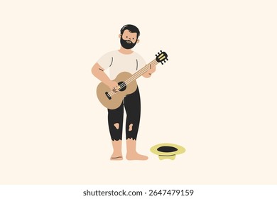 Barefoot Homeless Man Playing Guitar Illustration