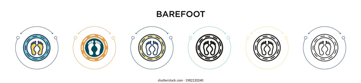 Barefoot icon in filled, thin line, outline and stroke style. Vector illustration of two colored and black barefoot vector icons designs can be used for mobile, ui, web