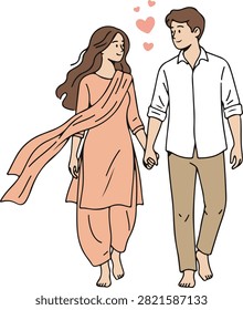 Barefoot Indian Couple Holding Hands Walking With Floating Hearts Above, Soft Pastel Cartoon Vector Illustration
