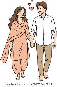Barefoot Indian Couple Holding Hands Walking With Floating Hearts Above, Soft Pastel Cartoon Vector Illustration
