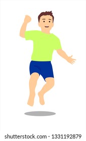 Barefoot jumping boy with dark hair in a green T-shirt and blue shorts. Vector image isolated.