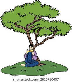 A barefoot man reading a book under a tree grounding