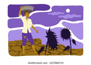 Barefoot Man Walking Among Dry Land Suffering from Food Crisis and Shortage Vector Illustration