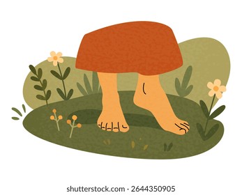 Barefoot on the grass. People in nature. Girl Walks. Cottagecore lifestyle. Digital Detox. Harmony with nature vibe. Feets. Slow living, relaxing. Flat vector illustration