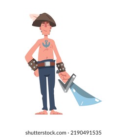 Barefoot Pirate or Buccaneer with Sharp Saber Standing and Smiling Vector Illustration