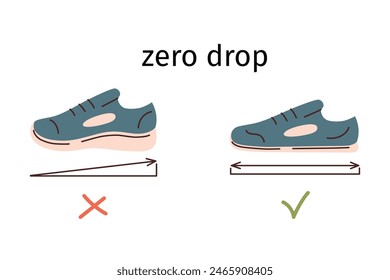 Barefoot shoes advantages, zero drop of flat shoe sole, vector illustration for footwear business, regular and minimalist shoes, advantages of thin flexible sole with no drop, without heels