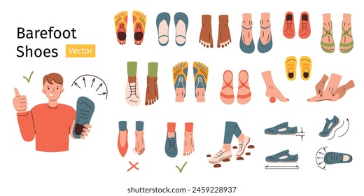 Barefoot shoes collection, man showing anatomic footwear, doodle icons of sandals, boots and sneakers, vector illustrations of minimalist shoes, cartoon character feet, thin flexible sole, infographic