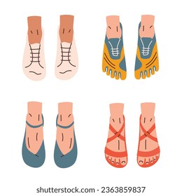 Barefoot shoes for different lifestyles, types of minimalist footwear hand drawn collection, doodle icons of sport sneakers, urban boots, dress shoes, vector illustrations of feet, isolated clipart