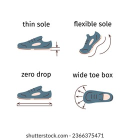 Barefoot shoes features, minimalist shoes advantages infographic, hand drawn casual sneakers, thin and flexible sole, zero drop, wide toe box, doodle icons of healthy comfortable footwear