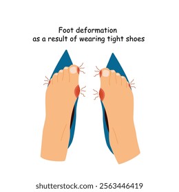 Barefoot shoes. Feet with bunions.  Narrow heeled shoes. Tight shoes and heels lead to foot problems, bone deformities, redness and inflammation