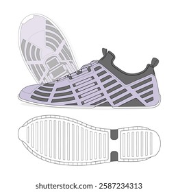 Barefoot shoes for men flat sketch vector mockup template technical illustration.