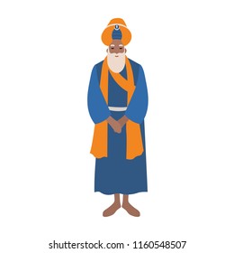 Barefoot sikh wearing traditional Indian clothes and turban isolated on white background.  Religious person, clergyman or spiritual leader.  Colorful vector illustration in flat cartoon style.