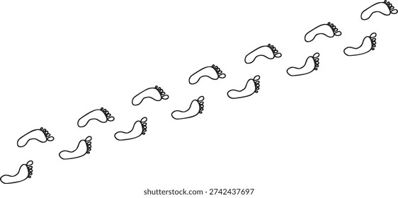 Barefoot silhouette track, human foot print trail curved path isolated on white. Walking person steps, barefoot silhouette set, organic body part shape. Foot print collection