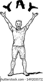 A barefoot smiling young man with his hand raised above his heads shouting Yay. Hand drawn vector illustration.