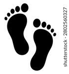 Barefoot steps black silhouette icon isolated on white background. Minimal bold vector-style illustration with two human footprints, toe marks, rounded sole shapes, and clean high-contrast form for beach walking, summer vacation, spa, wellness, sticker, logo, label, decal, and cutting file design.