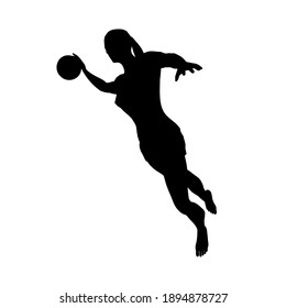 Barefoot woman basketball player in attack on basketball hoop, right view, vector image