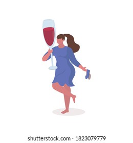 Barefoot Woman holdings glass with Glass of Wine in her Hands. Celebrating holidays together concept. Poster for web page design, social media, banner, presentation. Vector illustration