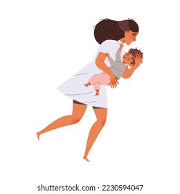 Barefoot Woman Refugee with Baby Leaving Homeland Fleeing from War Conflict Seeking Asylum Vector Illustration