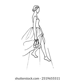 barefoot woman walking down stairs with shoes in hand in bustier dress with lush raised hem - hand drawn doodle