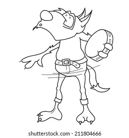 Barefooted cartoon fox in jeans plays the tambourine and sings, sketch illustration.